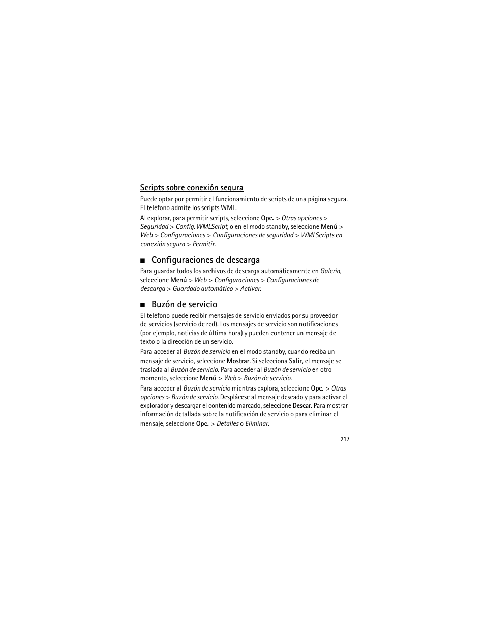 Scripts sobre conexión segura, Configuraciones de descarga, Buzón de servicio | Configuraciones de descarga buzón de servicio | Nokia 3555 User Manual | Page 218 / 241