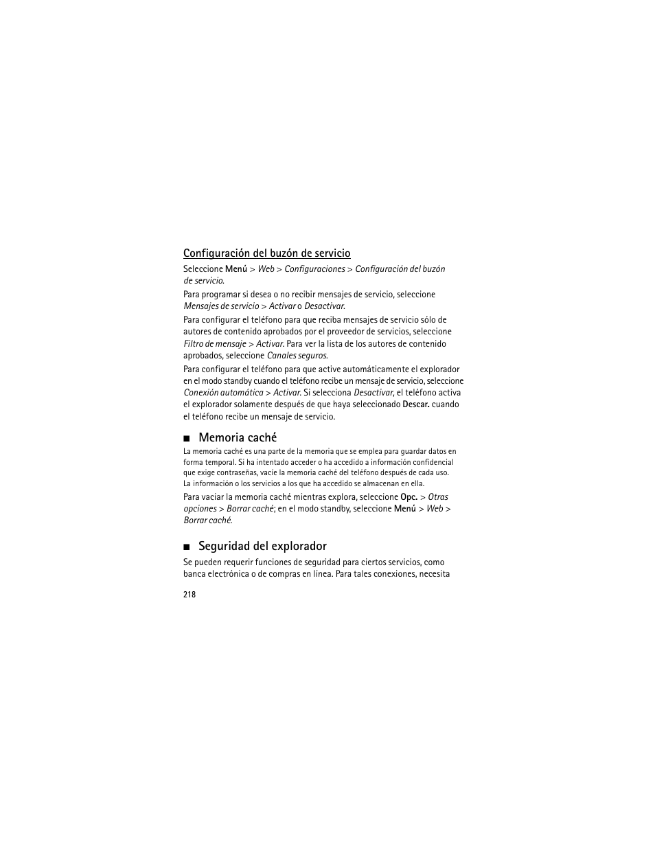 Configuración del buzón de servicio, Memoria caché, Seguridad del explorador | Memoria caché seguridad del explorador, Seguridad del explorador", pá | Nokia 3555 User Manual | Page 219 / 241