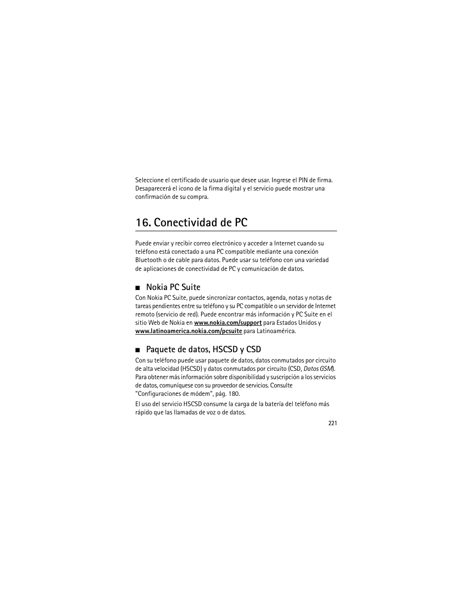 Conectividad de pc, Nokia pc suite, Paquete de datos, hscsd y csd | Nokia pc suite paquete de datos, hscsd y csd | Nokia 3555 User Manual | Page 222 / 241