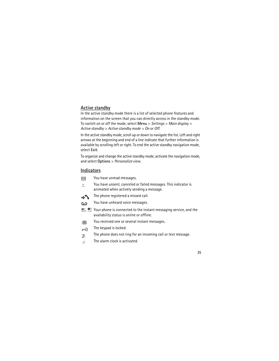 Active standby, Indicators, Active standby indicators | Nokia 3555 User Manual | Page 26 / 241