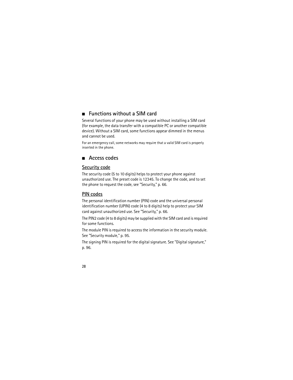 Functions without a sim card, Access codes, Security code | Pin codes, Security code pin codes | Nokia 3555 User Manual | Page 29 / 241