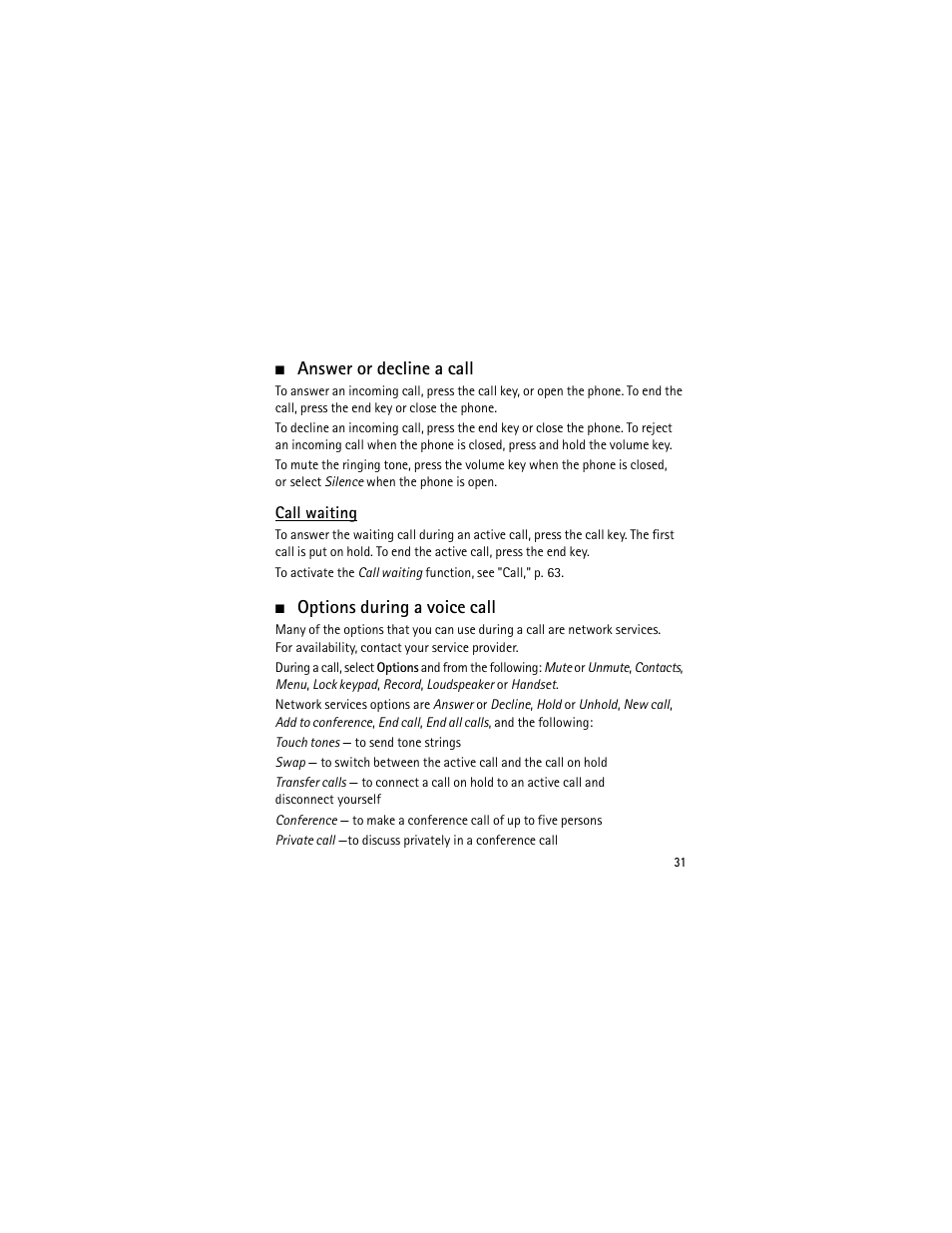 Answer or decline a call, Call waiting, Options during a voice call | Nokia 3555 User Manual | Page 32 / 241