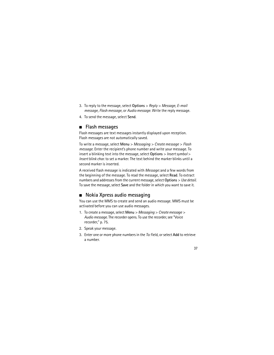 Flash messages, Nokia xpress audio messaging, Flash messages nokia xpress audio messaging | E "nokia xpress audio messaging | Nokia 3555 User Manual | Page 38 / 241