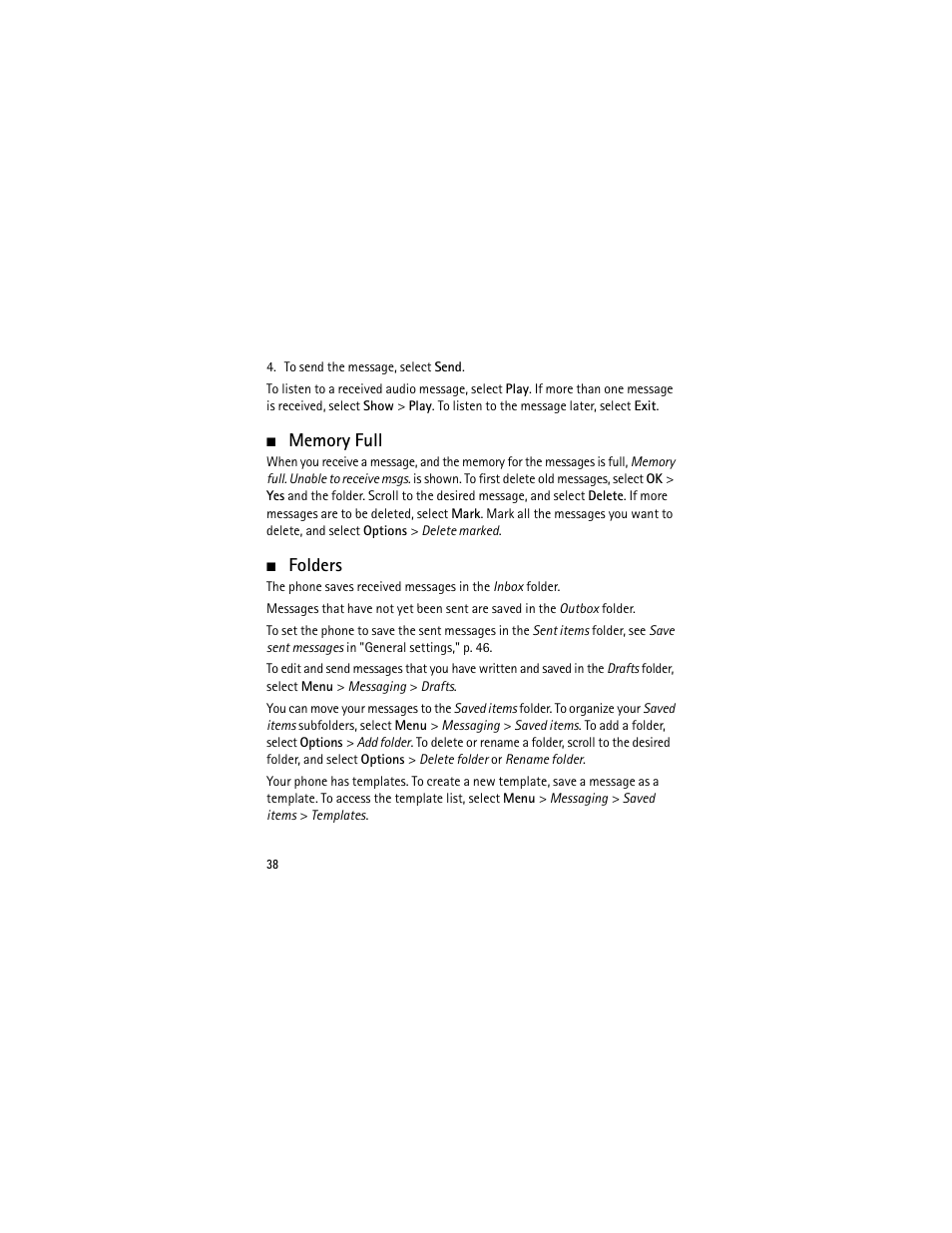 Memory full, Folders, Memory full folders | Nokia 3555 User Manual | Page 39 / 241