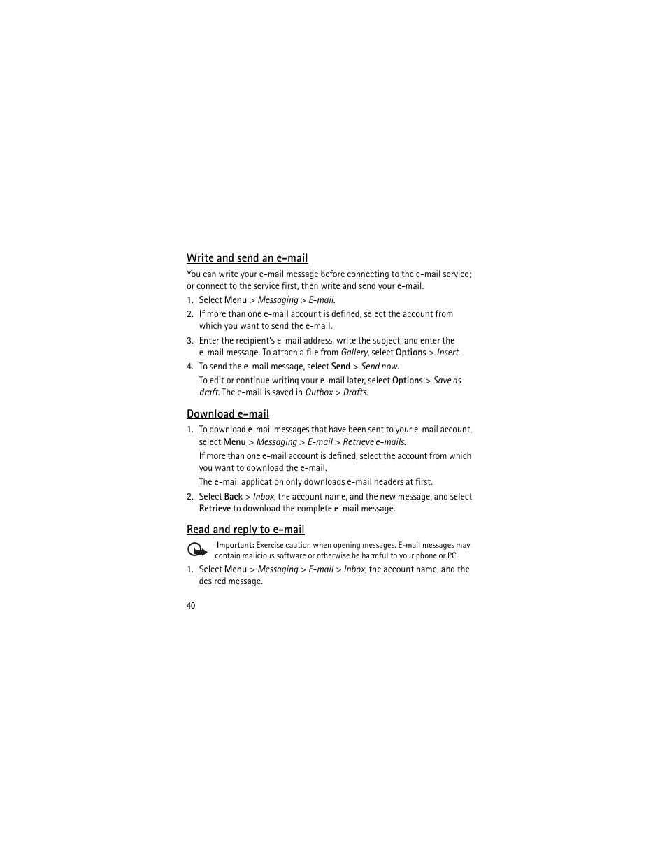 Write and send an e-mail, Download e-mail, Read and reply to e-mail | Nokia 3555 User Manual | Page 41 / 241