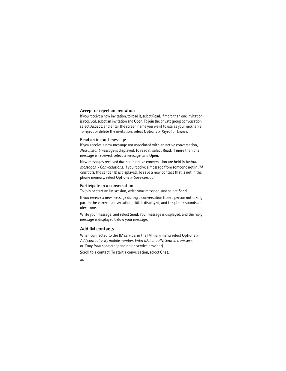 Add im contacts, E "add im contacts | Nokia 3555 User Manual | Page 45 / 241