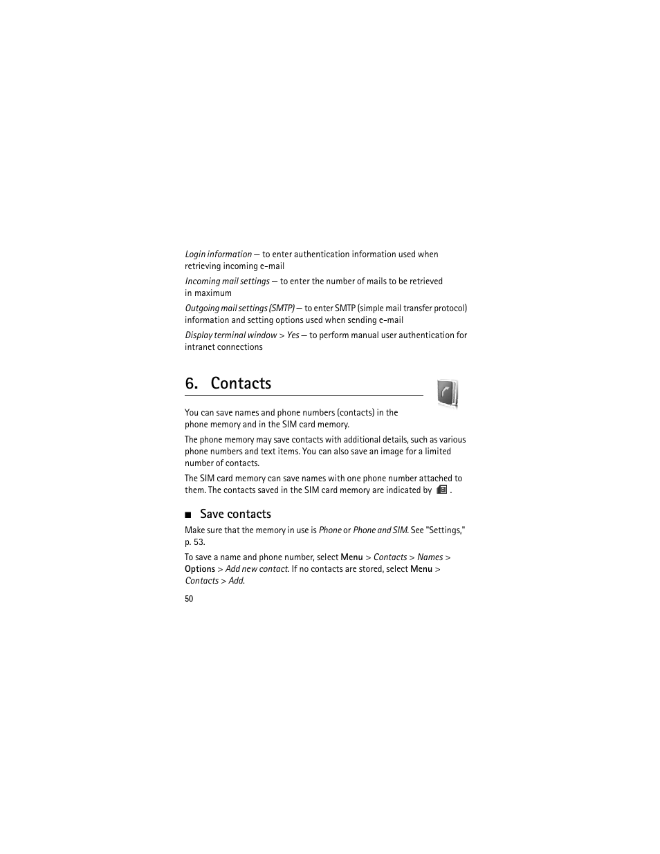 Contacts, Save contacts | Nokia 3555 User Manual | Page 51 / 241