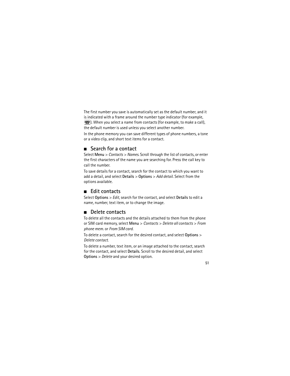 Search for a contact, Edit contacts, Delete contacts | Search for a contact edit contacts delete contacts, Search for a contact," p | Nokia 3555 User Manual | Page 52 / 241