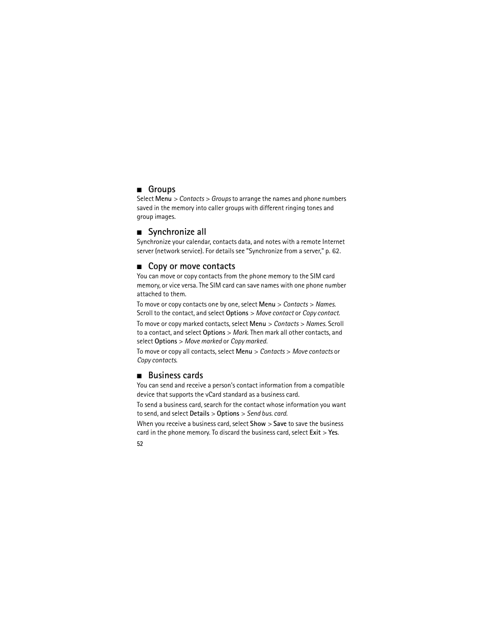 Groups, Synchronize all, Copy or move contacts | Business cards | Nokia 3555 User Manual | Page 53 / 241