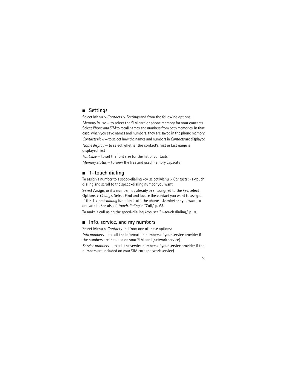 Settings, Touch dialing, Info, service, and my numbers | Touch dialing," p. 53 | Nokia 3555 User Manual | Page 54 / 241