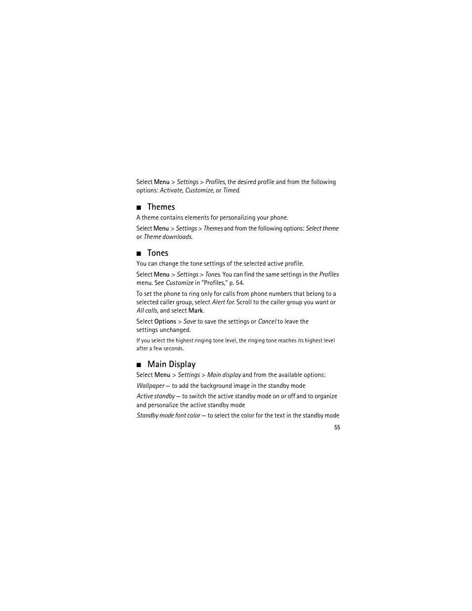 Themes, Tones, Main display | Themes tones main display | Nokia 3555 User Manual | Page 56 / 241