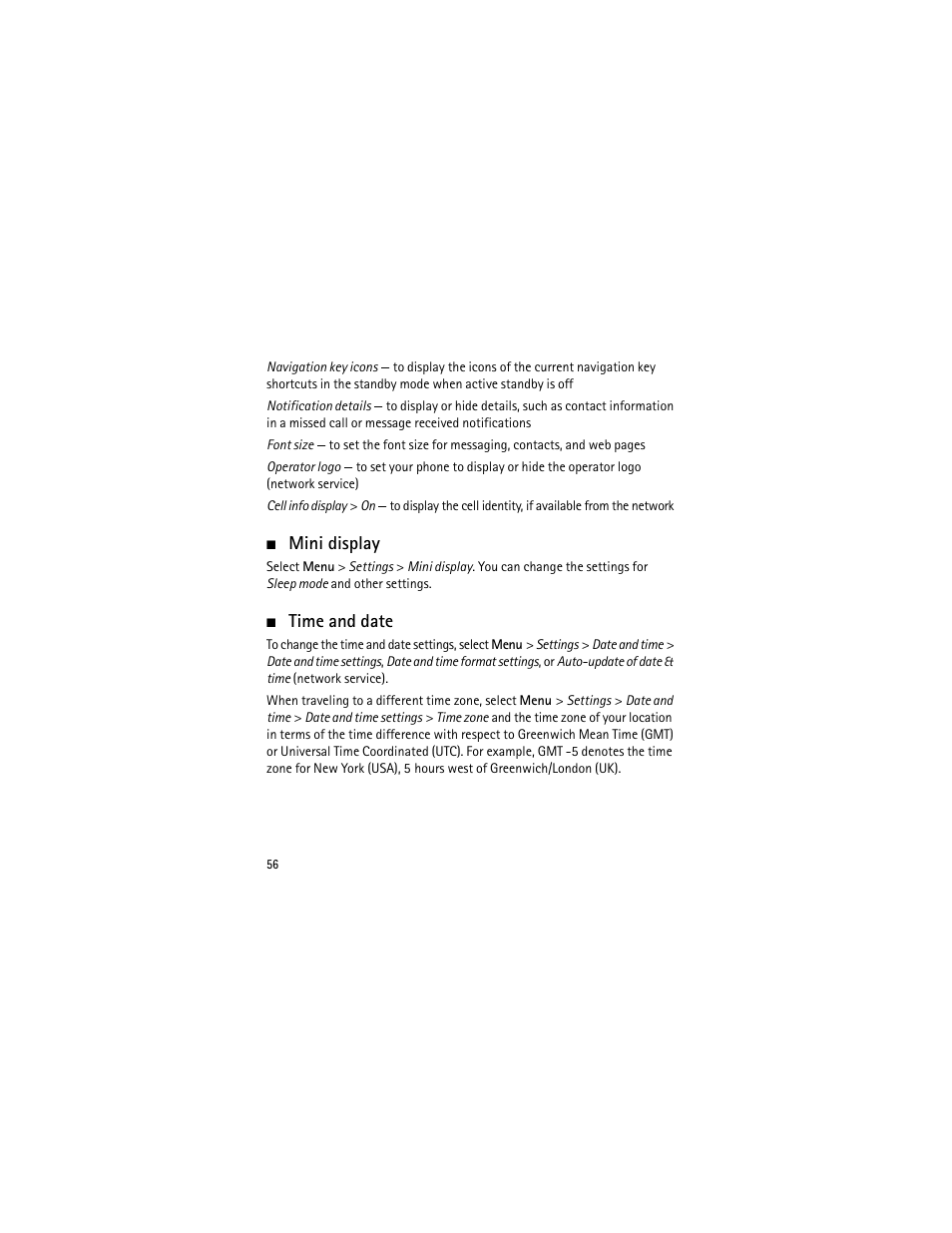 Mini display, Time and date, Mini display time and date | Nokia 3555 User Manual | Page 57 / 241