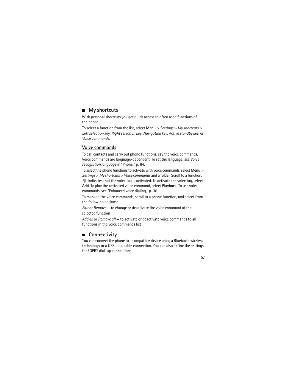 My shortcuts, Voice commands, Connectivity | My shortcuts," p. 57 | Nokia 3555 User Manual | Page 58 / 241