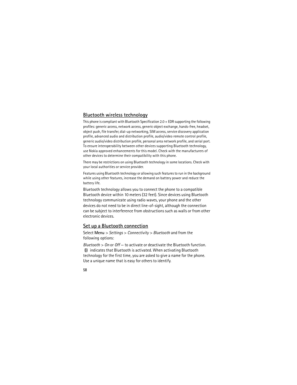 Bluetooth wireless technology, Set up a bluetooth connection | Nokia 3555 User Manual | Page 59 / 241