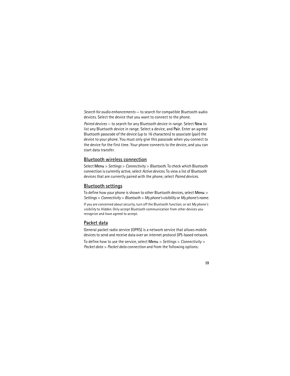 Bluetooth wireless connection, Bluetooth settings, Packet data | Nokia 3555 User Manual | Page 60 / 241