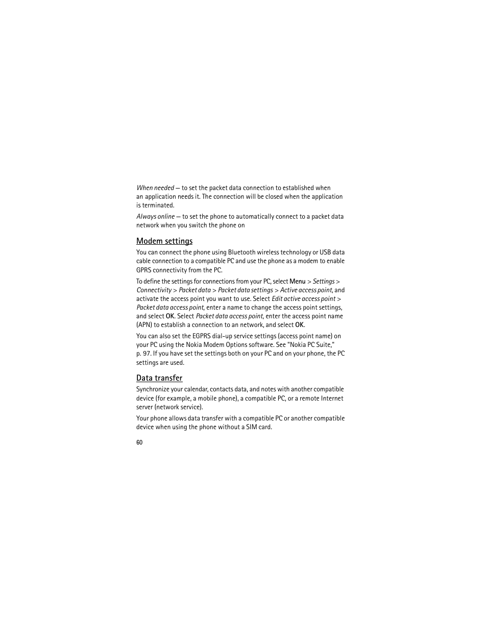 Modem settings, Data transfer, Modem settings data transfer | Nokia 3555 User Manual | Page 61 / 241