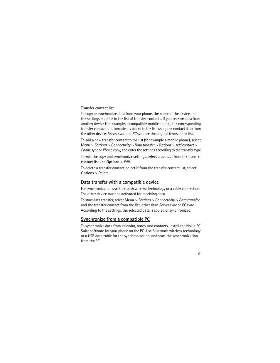 Data transfer with a compatible device, Synchronize from a compatible pc | Nokia 3555 User Manual | Page 62 / 241