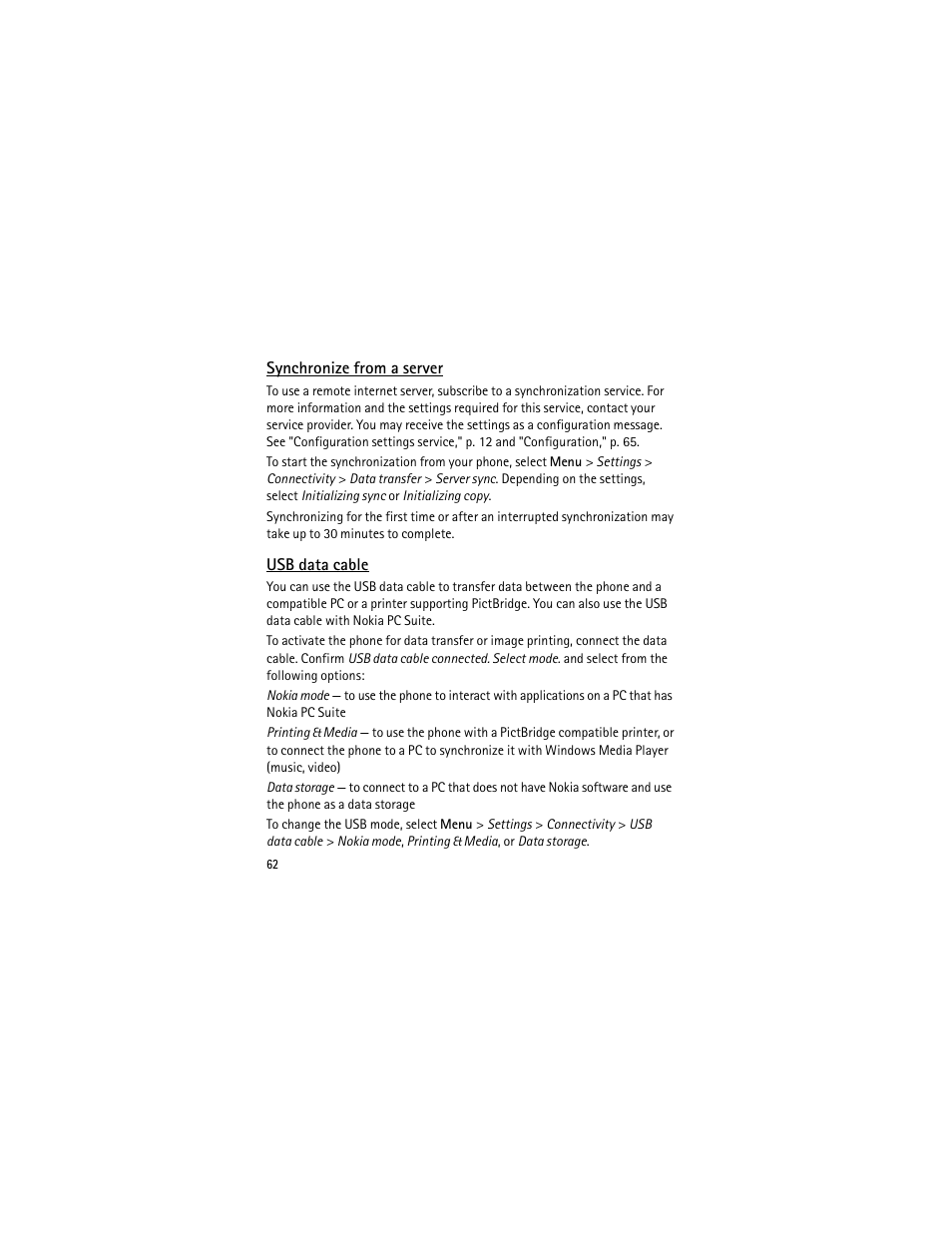 Synchronize from a server, Usb data cable, Synchronize from a server usb data cable | Nokia 3555 User Manual | Page 63 / 241