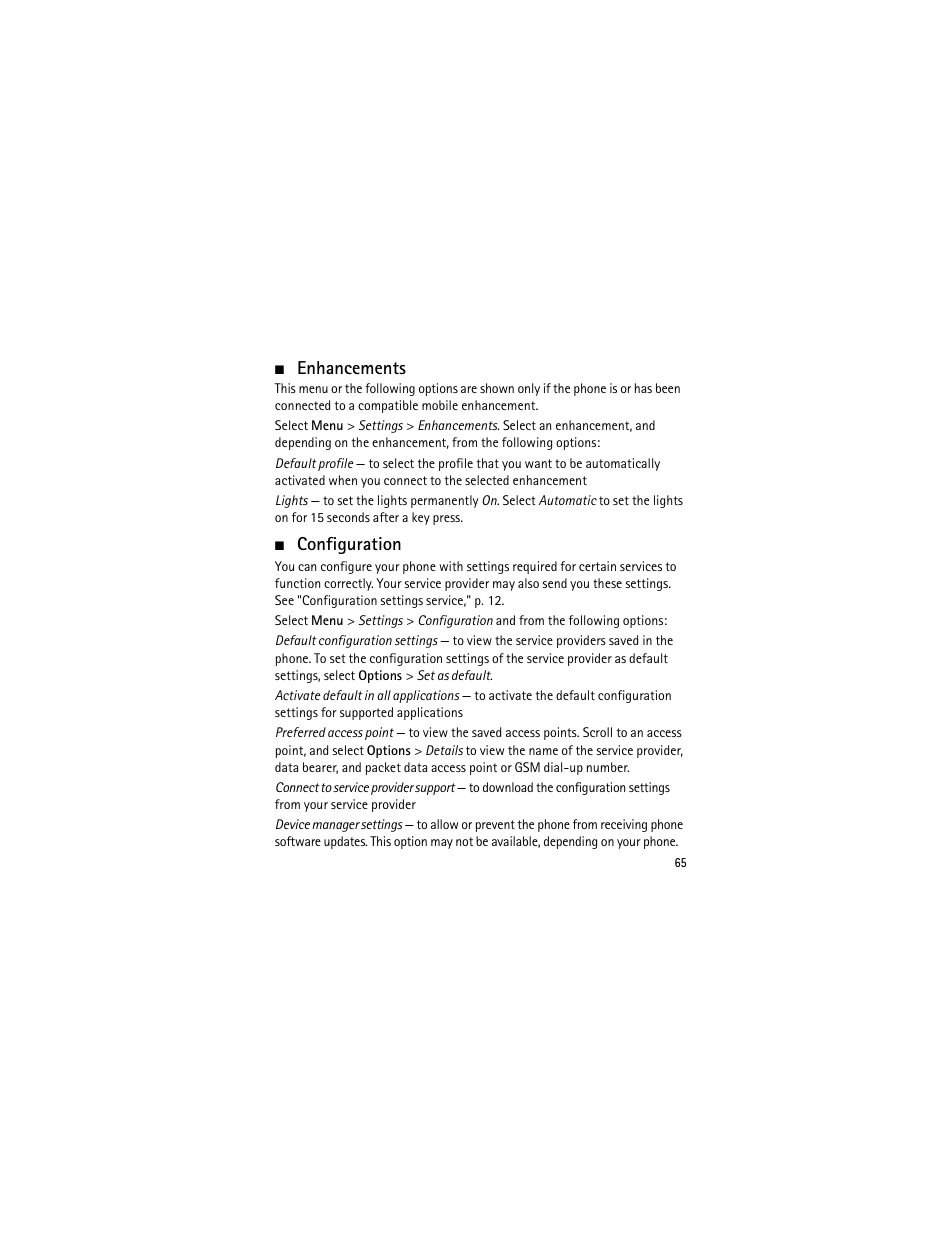 Enhancements, Configuration, Enhancements configuration | Configuration," p | Nokia 3555 User Manual | Page 66 / 241