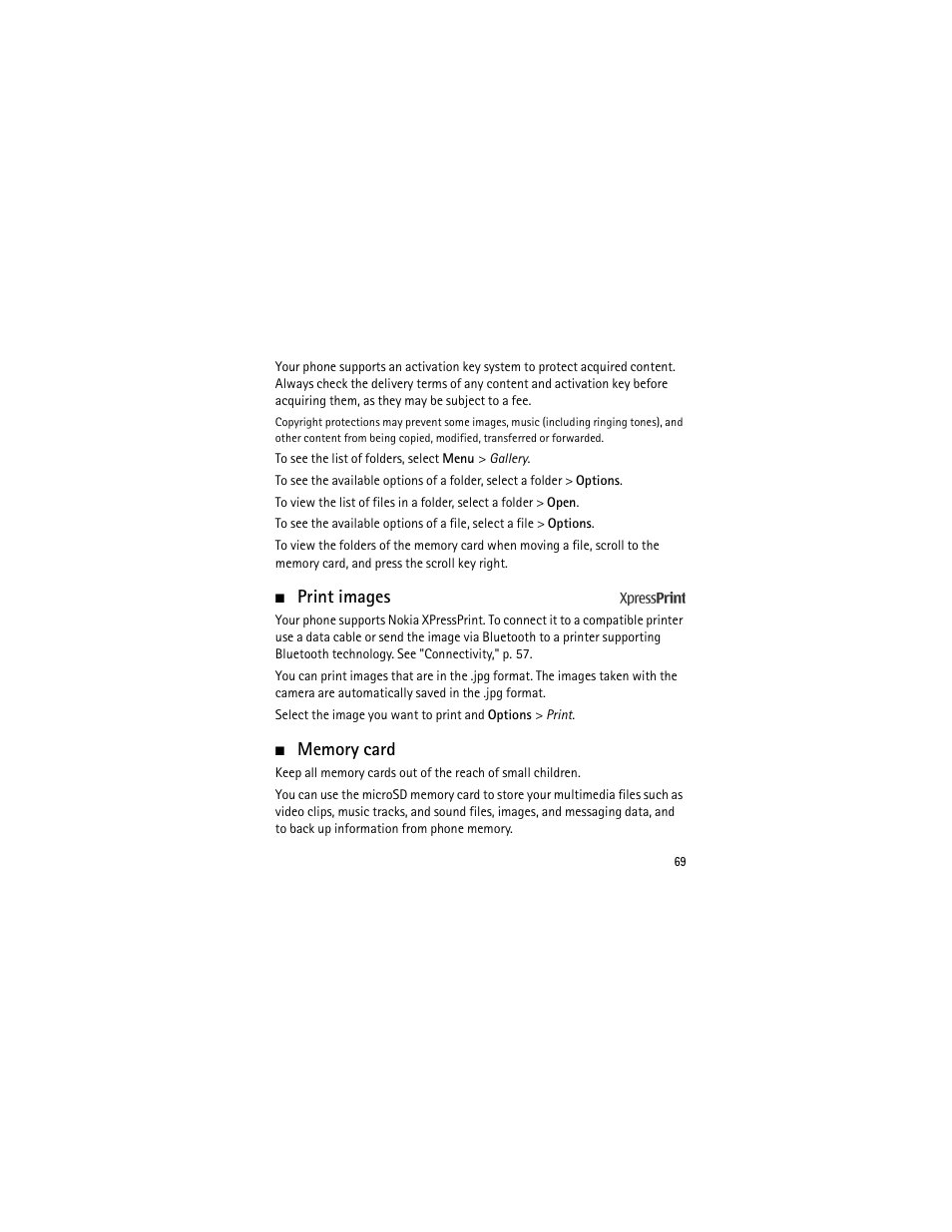 Print images, Memory card, Print images memory card | Nokia 3555 User Manual | Page 70 / 241