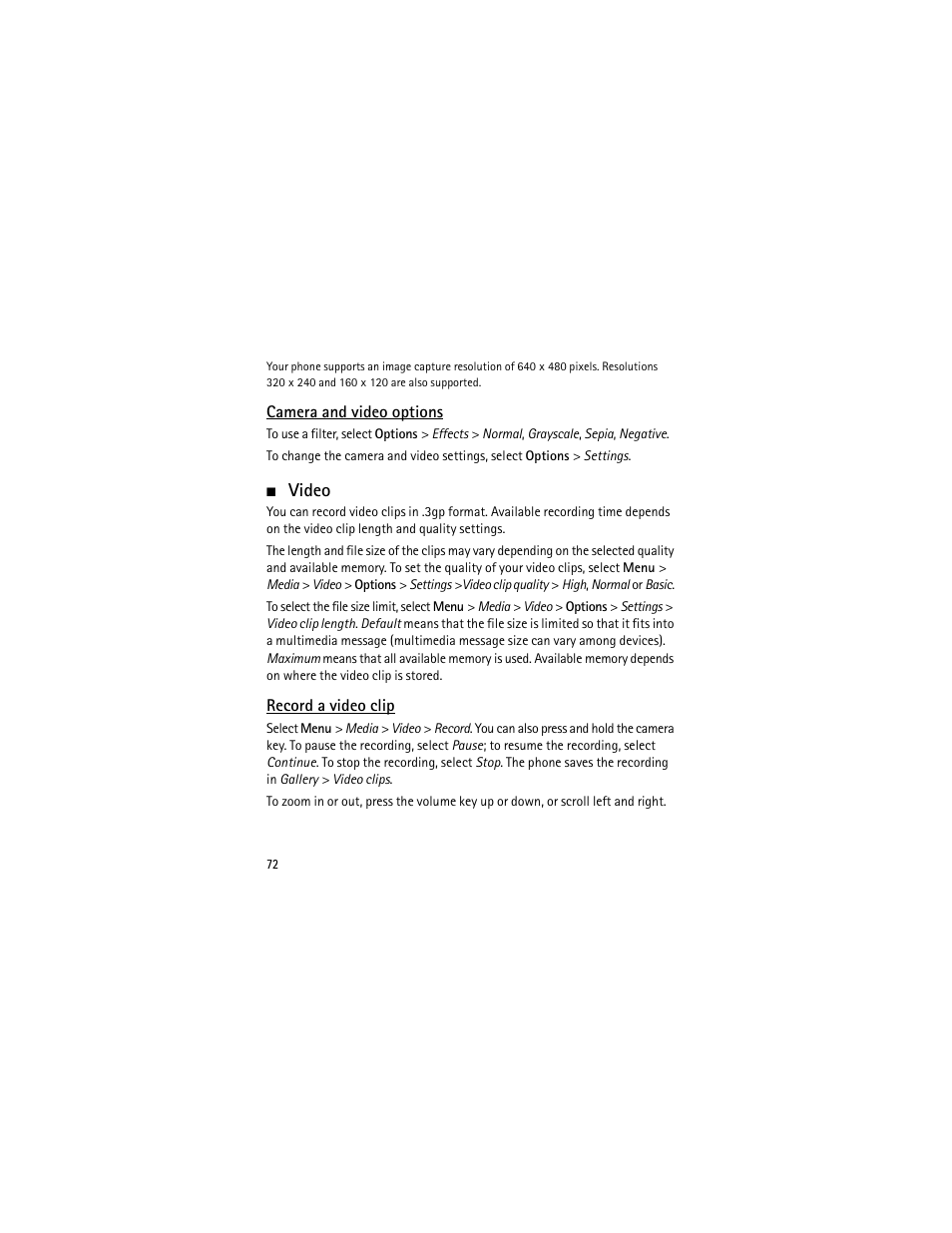Camera and video options, Video, Record a video clip | Nokia 3555 User Manual | Page 73 / 241