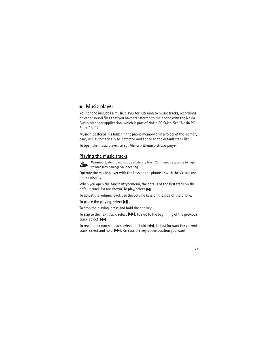 Music player, Playing the music tracks | Nokia 3555 User Manual | Page 74 / 241