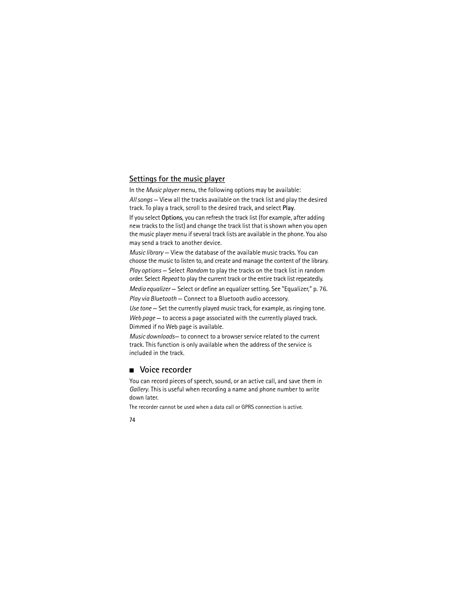 Settings for the music player, Voice recorder | Nokia 3555 User Manual | Page 75 / 241