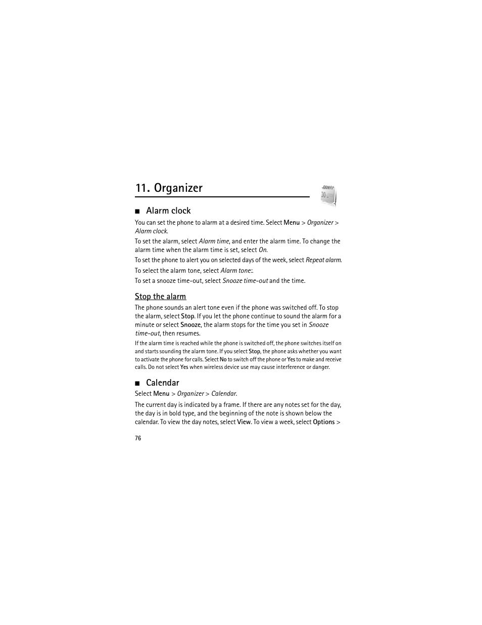 Organizer, Alarm clock, Stop the alarm | Calendar | Nokia 3555 User Manual | Page 77 / 241