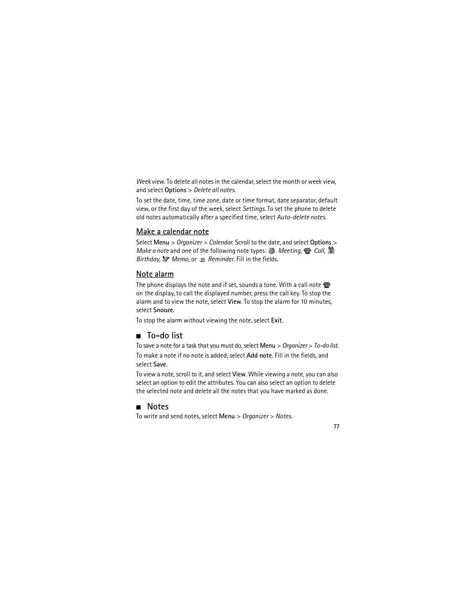 Make a calendar note, Note alarm, To-do list | Notes, Make a calendar note note alarm, To-do list notes | Nokia 3555 User Manual | Page 78 / 241