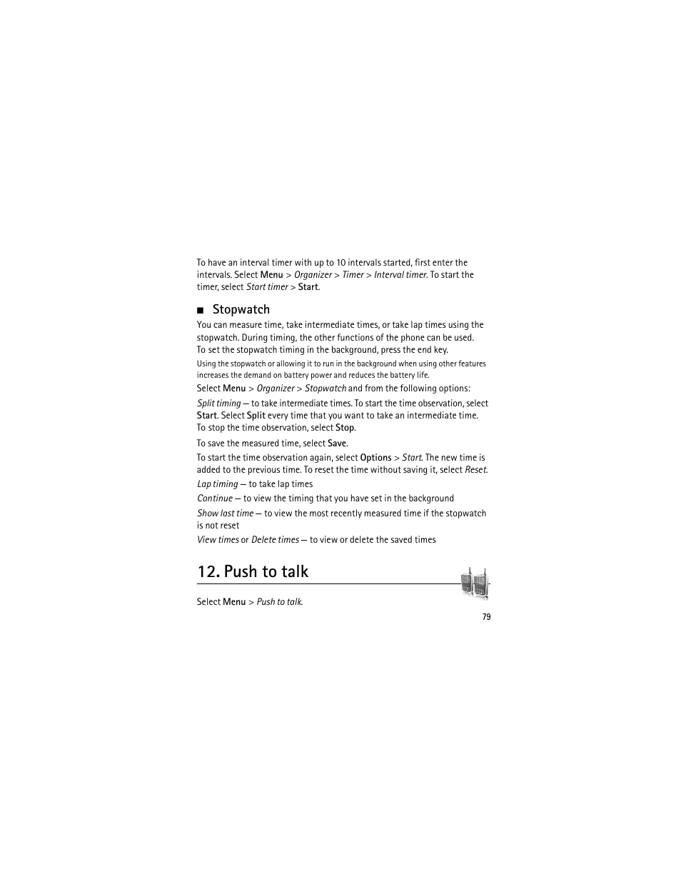 Stopwatch, Push to talk | Nokia 3555 User Manual | Page 80 / 241