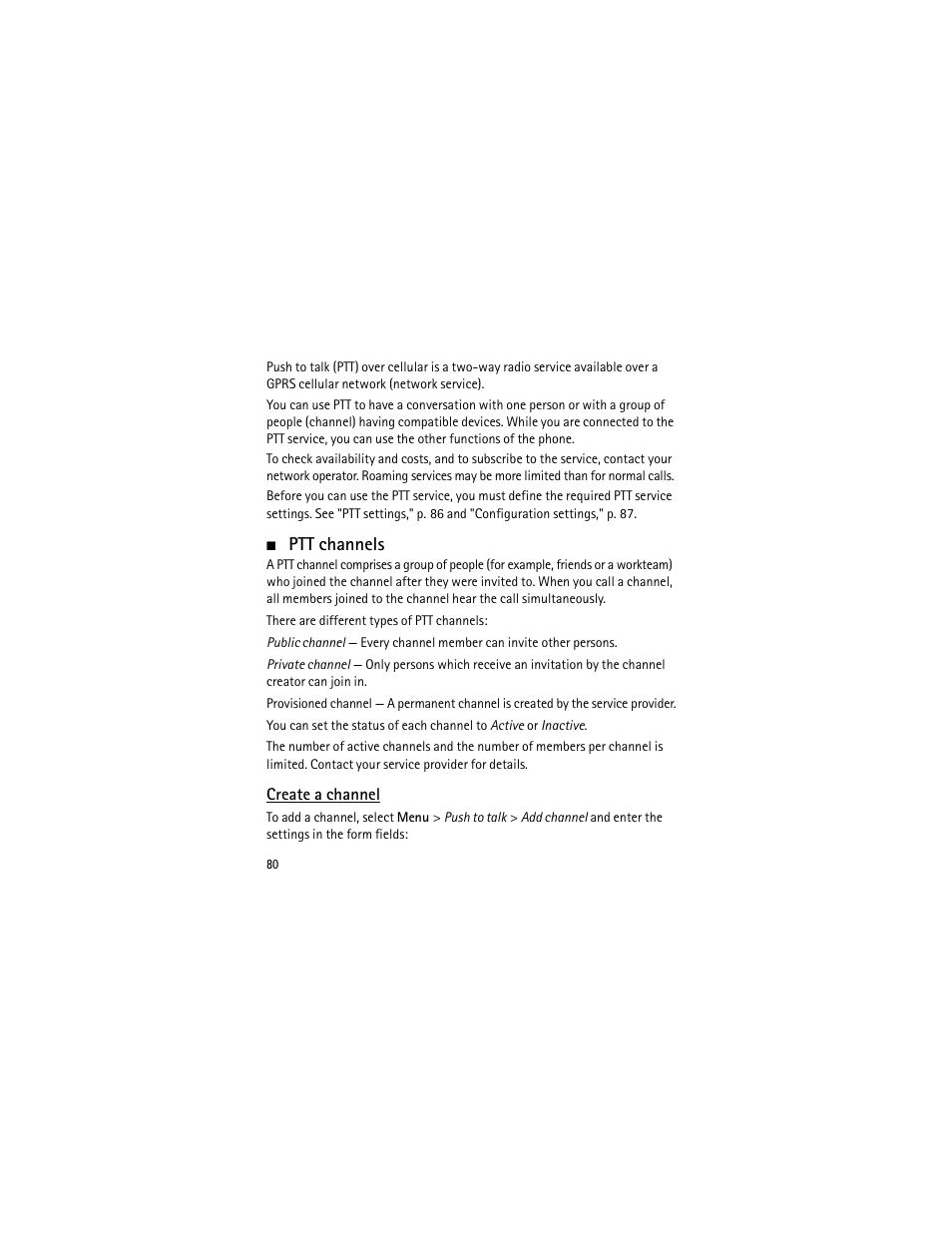 Ptt channels, Create a channel | Nokia 3555 User Manual | Page 81 / 241