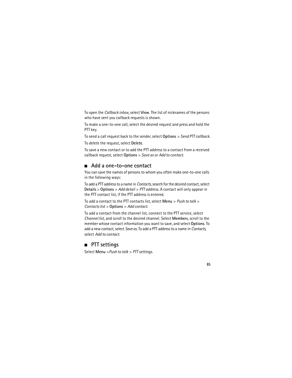 Add a one-to-one contact, Ptt settings, Add a one-to-one contact ptt settings | Nokia 3555 User Manual | Page 86 / 241