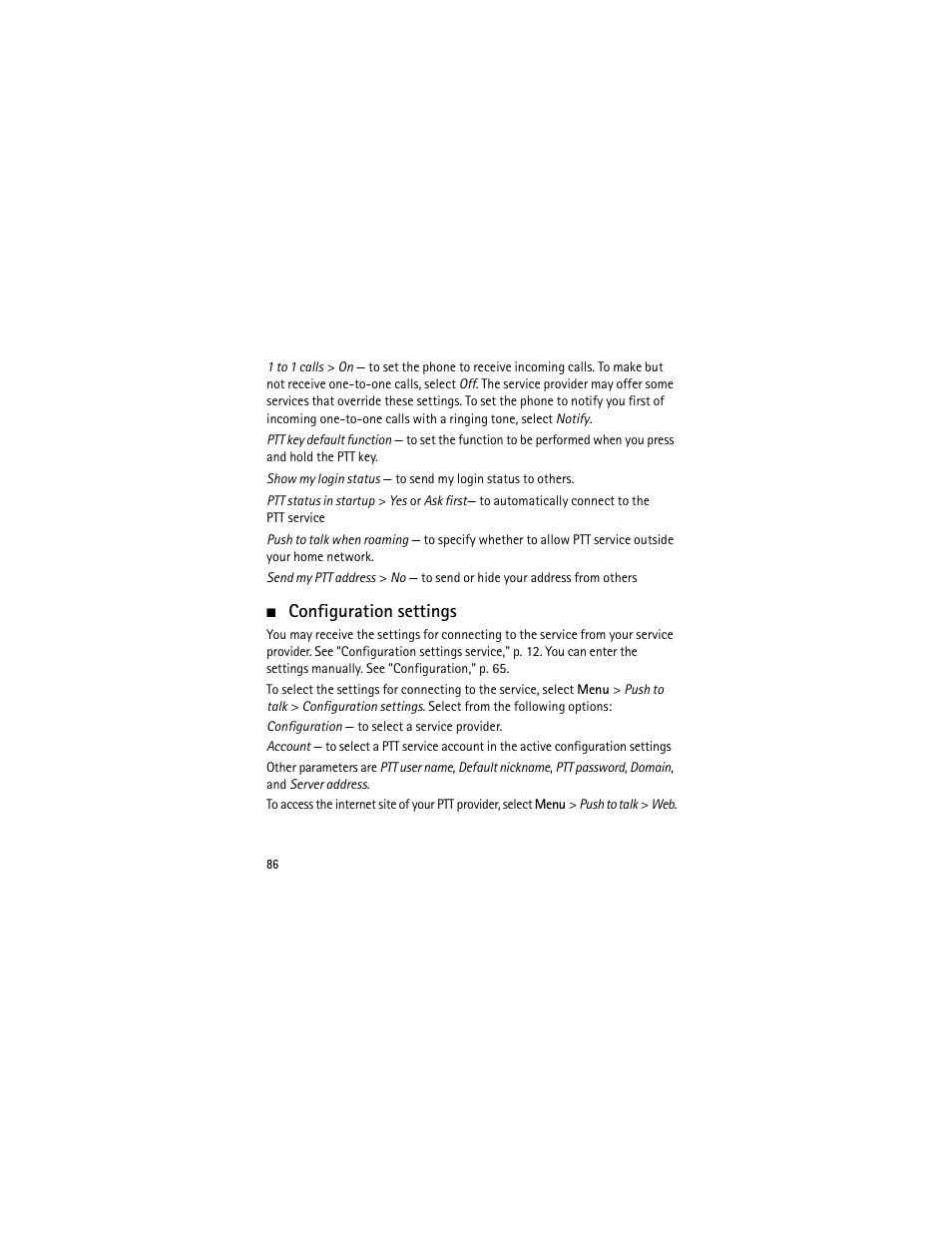 Configuration settings | Nokia 3555 User Manual | Page 87 / 241
