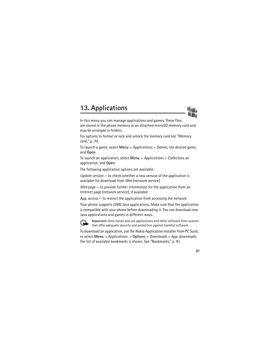 Applications, See "applications | Nokia 3555 User Manual | Page 88 / 241