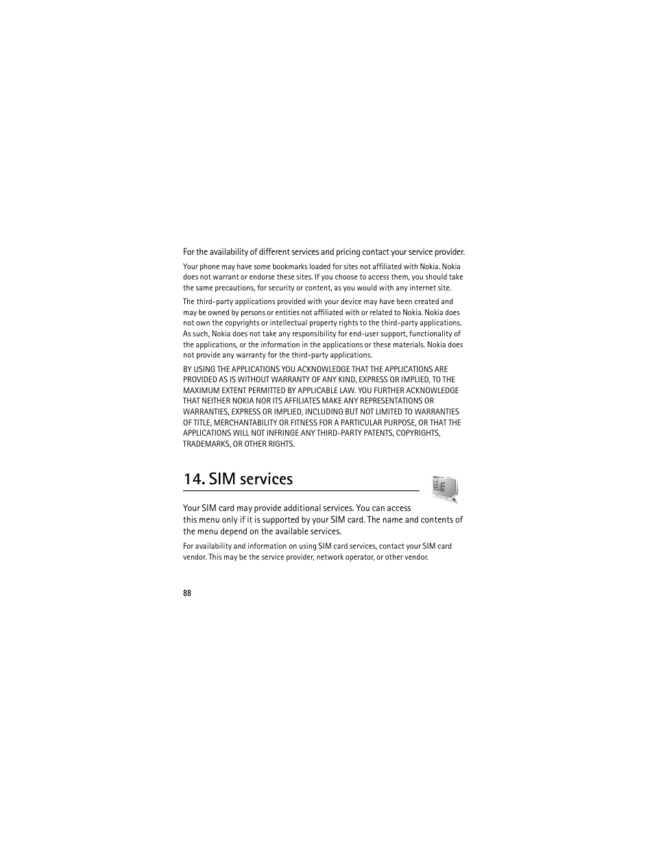 Sim services, E "sim services | Nokia 3555 User Manual | Page 89 / 241