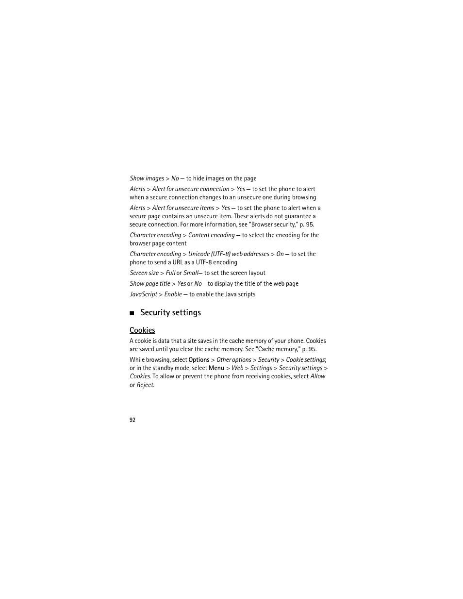 Security settings, Cookies | Nokia 3555 User Manual | Page 93 / 241