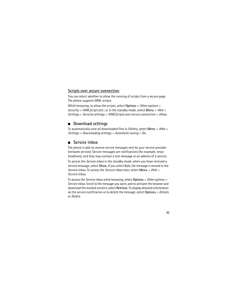 Scripts over secure connection, Download settings, Service inbox | Download settings service inbox | Nokia 3555 User Manual | Page 94 / 241