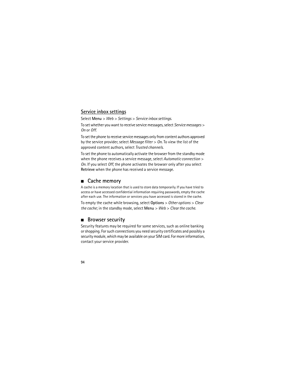 Service inbox settings, Cache memory, Browser security | Cache memory browser security, Ee "browser security | Nokia 3555 User Manual | Page 95 / 241