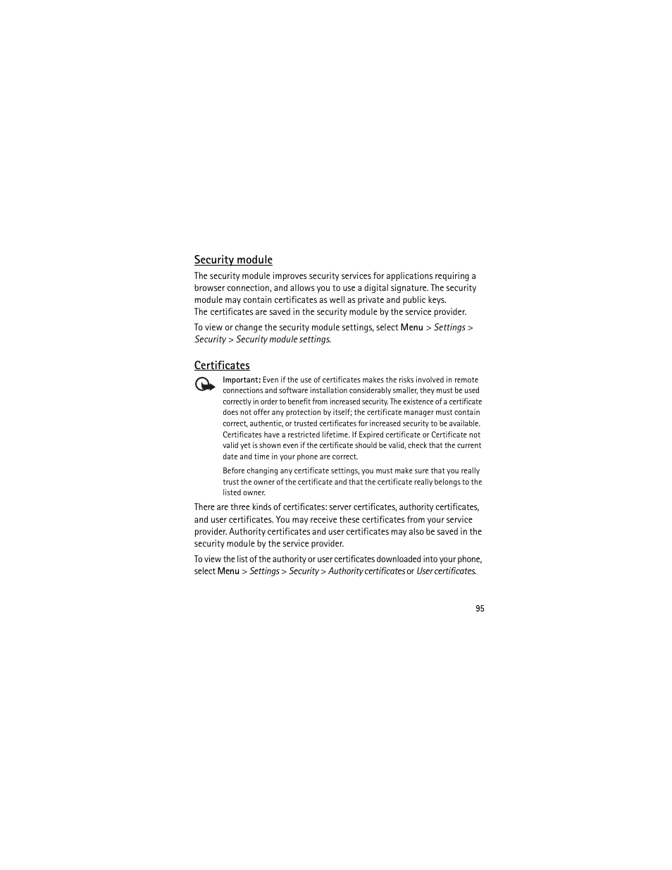 Security module, Certificates, Security module certificates | Nokia 3555 User Manual | Page 96 / 241