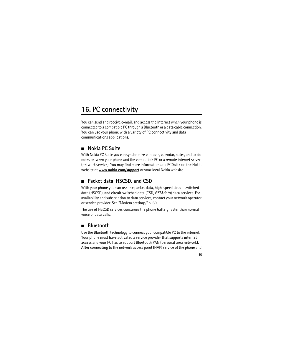 Pc connectivity, Nokia pc suite, Packet data, hscsd, and csd | Bluetooth, Nokia pc suite packet data, hscsd, and csd | Nokia 3555 User Manual | Page 98 / 241