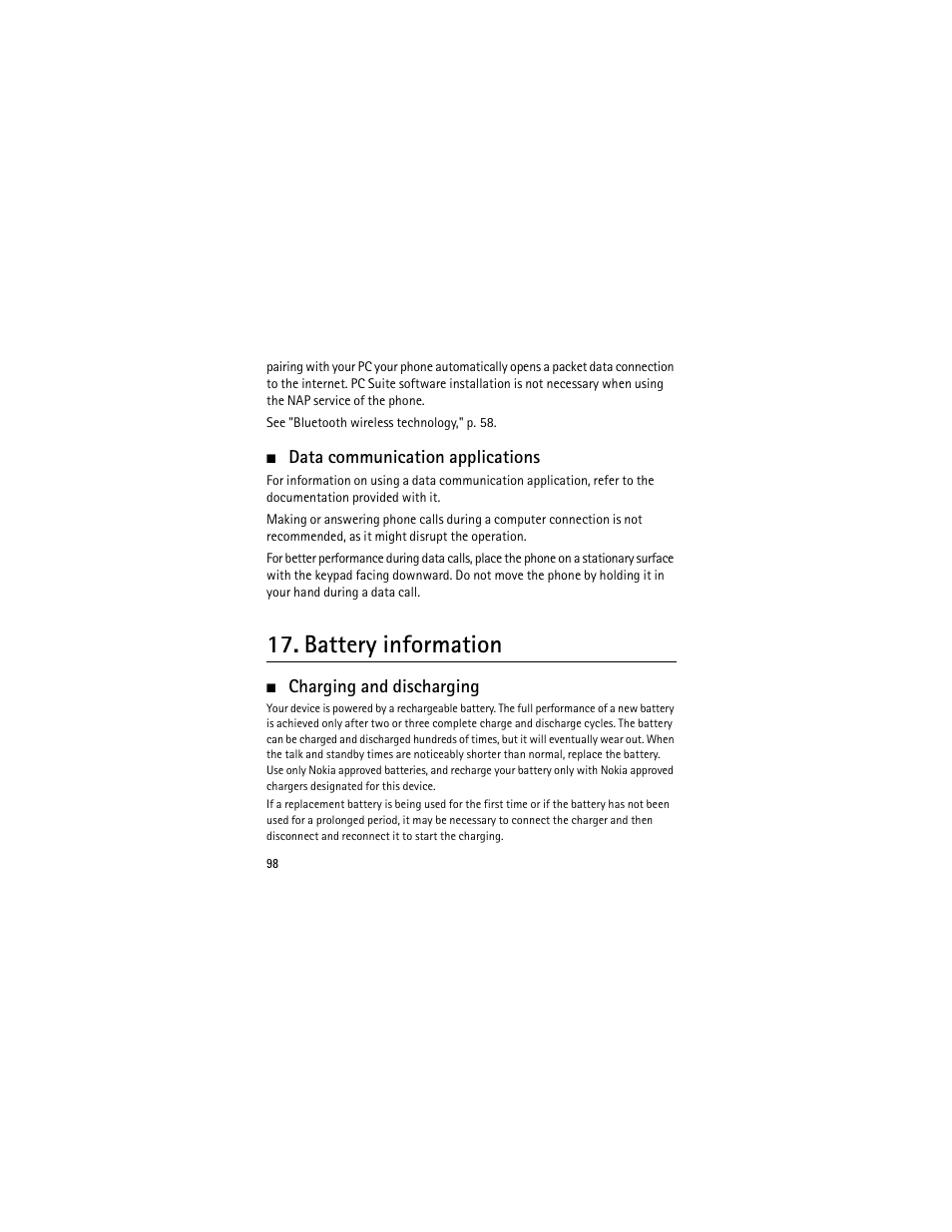 Data communication applications, Battery information, Charging and discharging | Nokia 3555 User Manual | Page 99 / 241