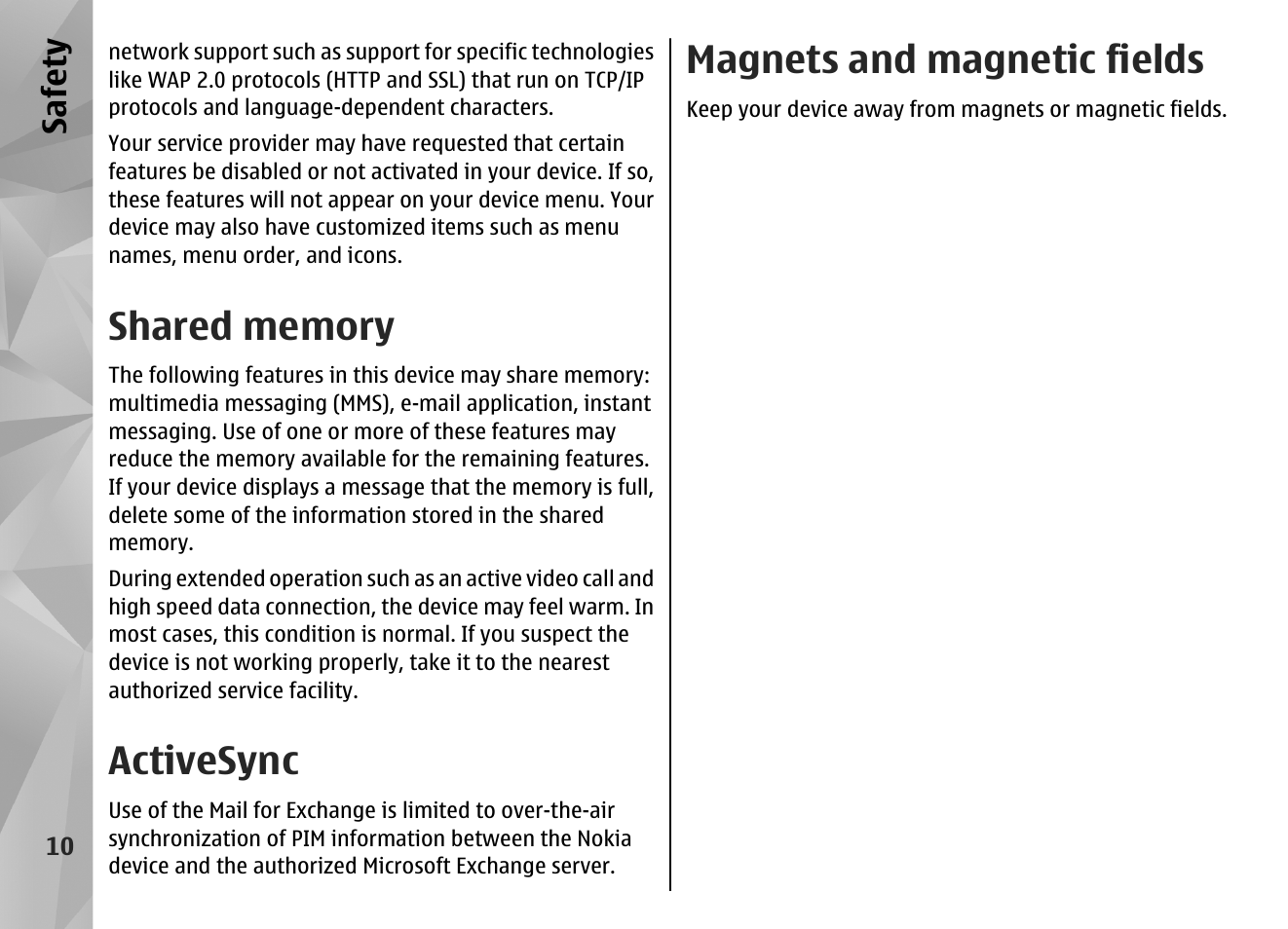 Shared memory, Activesync, Magnets and magnetic fields | Safet y | Nokia N86 8MP User Manual | Page 10 / 168