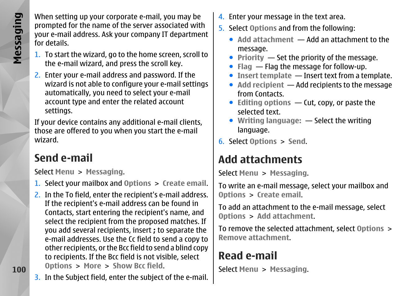 Send e-mail, Add attachments, Read e-mail | Messaging | Nokia N86 8MP User Manual | Page 100 / 168