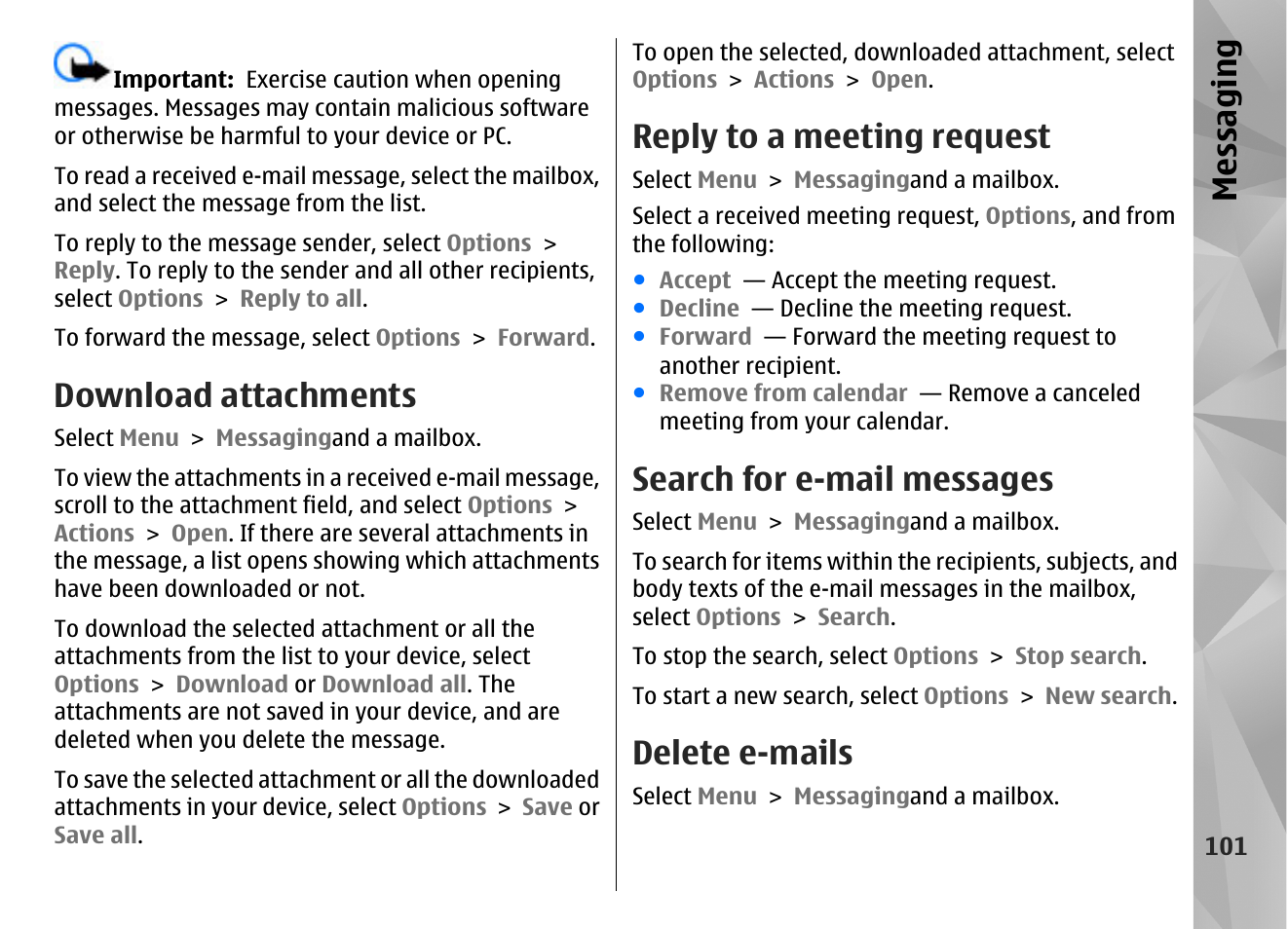 Download attachments, Reply to a meeting request, Search for e-mail messages | Delete e-mails, Messaging | Nokia N86 8MP User Manual | Page 101 / 168