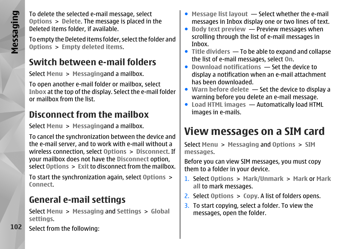 Switch between e-mail folders, Disconnect from the mailbox, General e-mail settings | View messages on a sim card, Messaging | Nokia N86 8MP User Manual | Page 102 / 168
