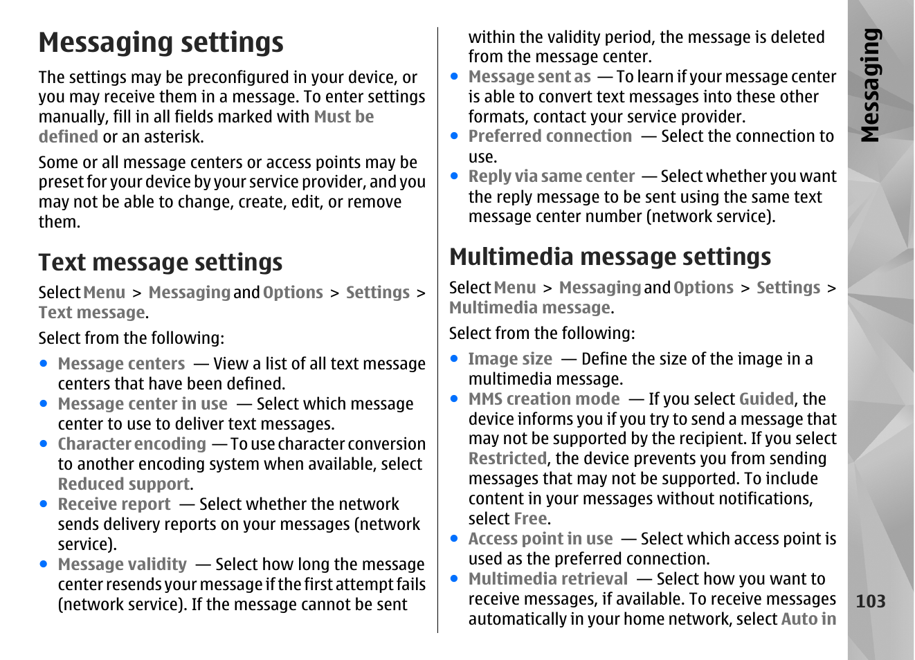 Messaging settings, Text message settings, Multimedia message settings | Messaging | Nokia N86 8MP User Manual | Page 103 / 168