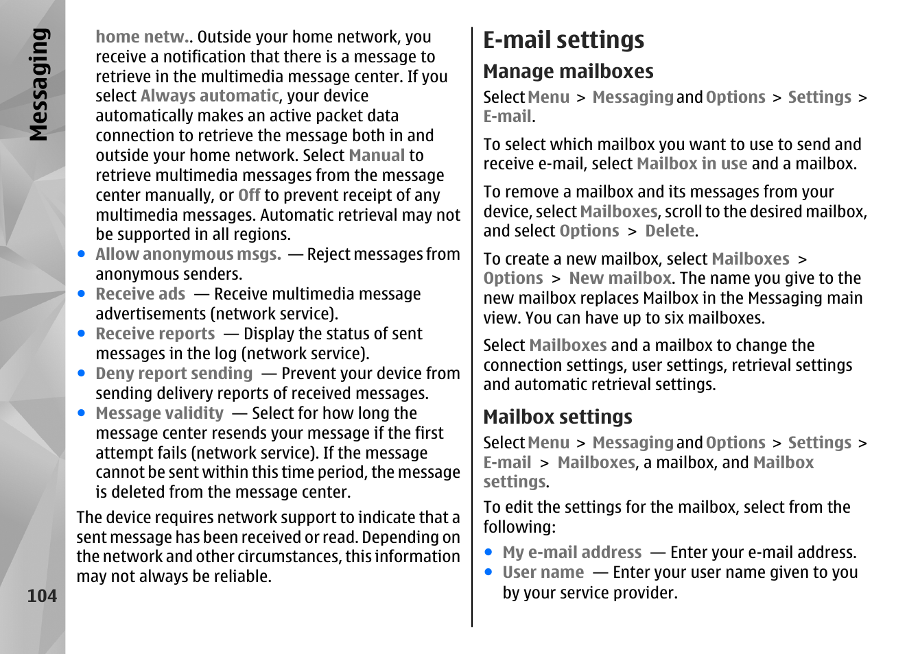 E-mail settings, Manage mailboxes, Mailbox settings | Messaging | Nokia N86 8MP User Manual | Page 104 / 168