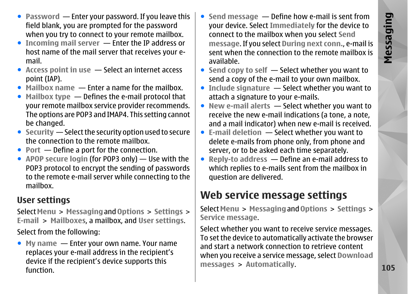 User settings, Web service message settings, Messaging | Nokia N86 8MP User Manual | Page 105 / 168