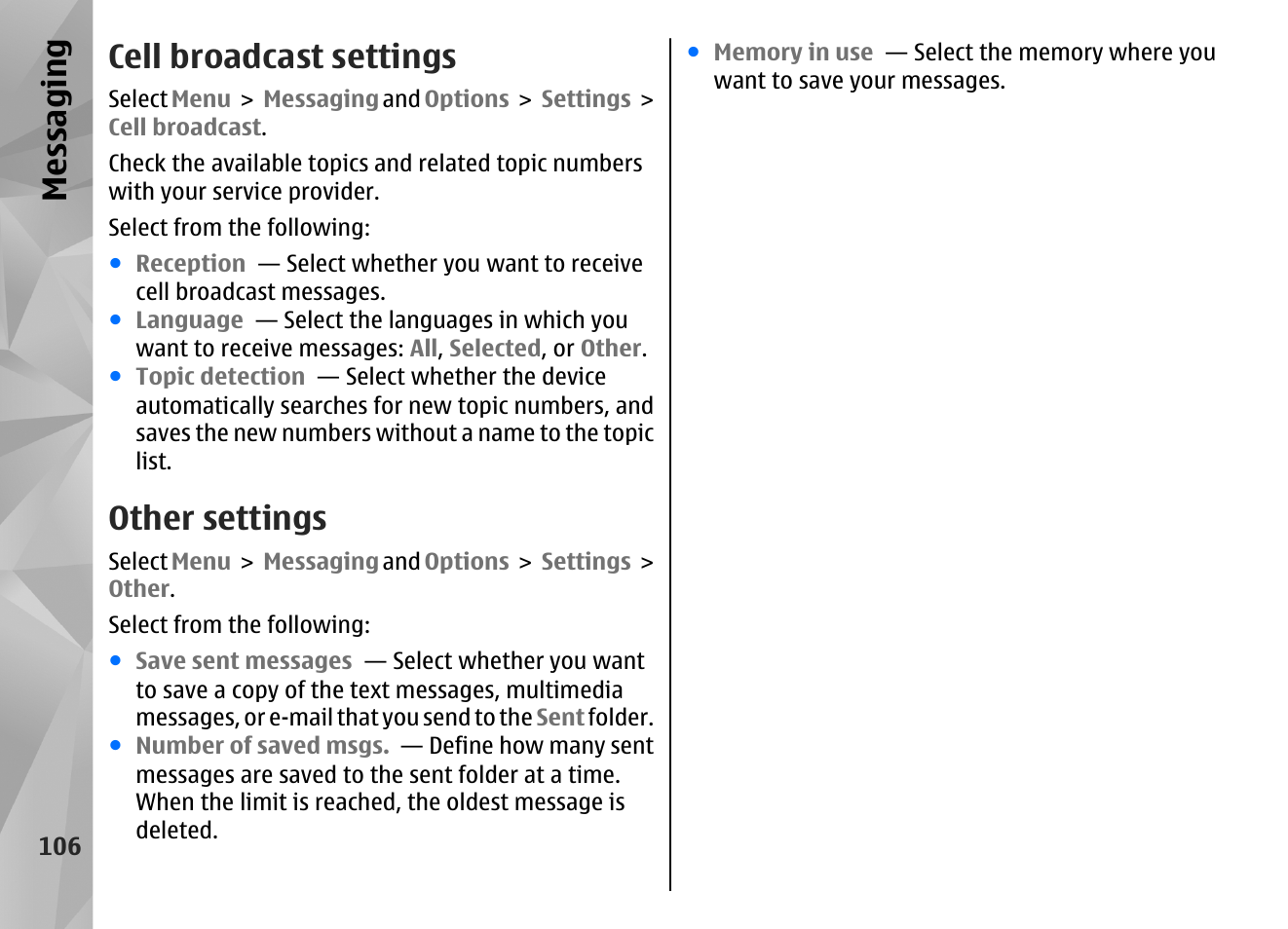 Cell broadcast settings, Other settings, Messaging | Nokia N86 8MP User Manual | Page 106 / 168