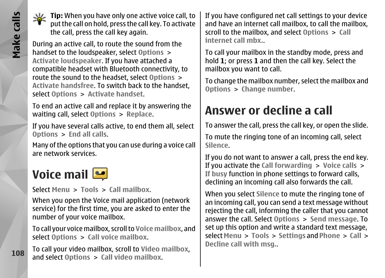 Voice mail, Answer or decline a call, Make call s | Nokia N86 8MP User Manual | Page 108 / 168